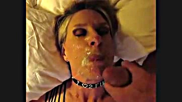 Beth gets covered in cum, then eats it eagerly