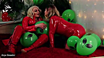 Mature women tease with latex, PVC, and balloons