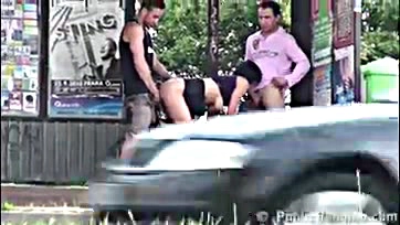 Public threeway with stranger, explicit breasts involved