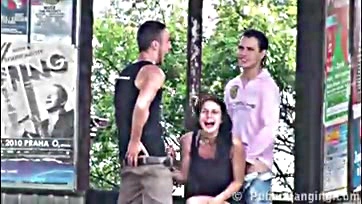 Public threeway with stranger, explicit breasts involved