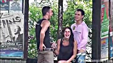 Public threeway with stranger, explicit breasts involved