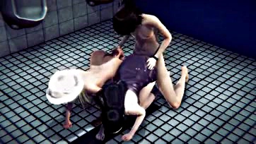 Blonde teen gets screwed in public toilet