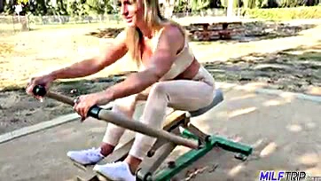 Sexy blonde milf gets sucked and fucked during workout