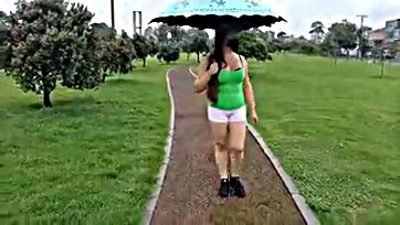 Colombian hotwife flaunts giant cameltoe in public shorts