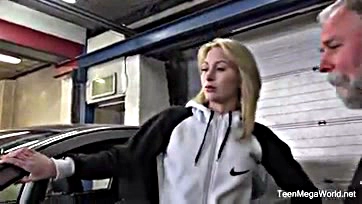 Daniela C gives blonde a blow job in garage