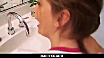 Teen redhead gets brutally screwed by stepdad while brushing teeth