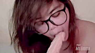 Filipina sucks big dildo in solo blowjob