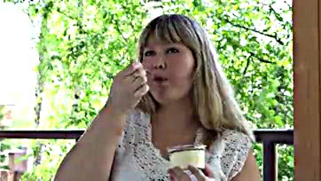 Fat milf eats outdoors, gets ASMR and fetish