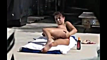 Girlfriend gives sloppy handjob by the pool