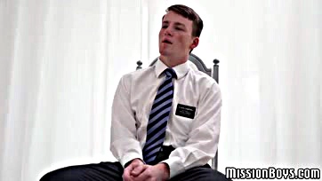 Elder fingers Mormon's anus, causing him to cum