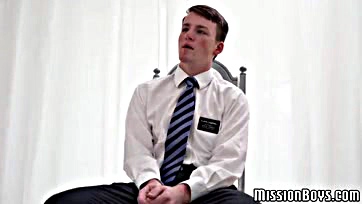 Elder fingers Mormon's anus, causing him to cum