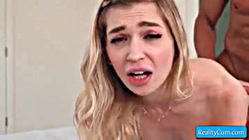 Teen blonde sucks cock, gets doggy-fucked hard