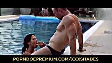 Poolside sex between goddess and a man