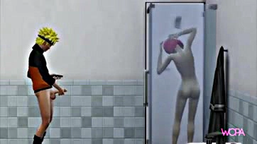 Naruto spies Sakura's nakedness, gets lucky in the shower