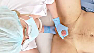 Doctor performs intimate exam, fingers in blue gloves