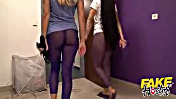 Threesome with fisting and big booties in tights