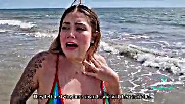 Three porn stars have lesbian sex on beach