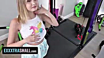 Teen gives sloppy blowjob during intense workout session