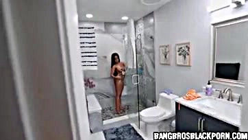 Stepdaughter showers with dad, flaunting massive natural breasts