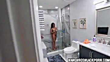 Stepdaughter showers with dad, flaunting massive natural breasts