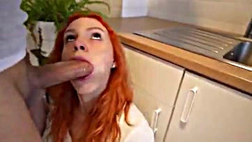 Redhead gets creampie in her shaved pussy