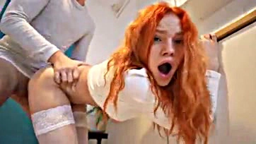 Redhead gets creampie in her shaved pussy