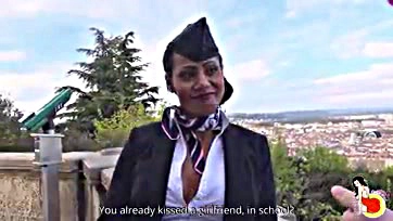 Big-titted flight attendant performs rough anal sex