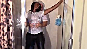 Black woman grinds on white man in shower