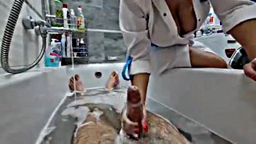 Nurse gives dude a bathroom blow job