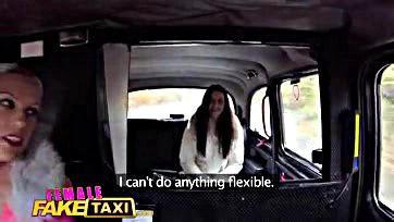 Blonde drives fake taxi, fucks passenger with strap-on