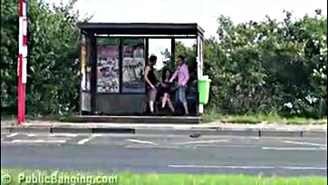 Girl gets threesome at bus stop, all three have sex