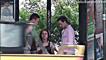 Girl gets threesome at bus stop, all three have sex