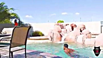 Sexy milf milks major's massive cock by pool