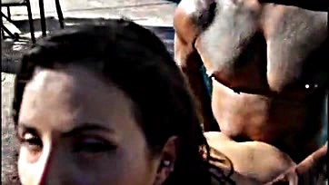 Hubby films wife getting face-fucked by a beach stud