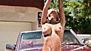 Poolside blonde gets serviced by a car wash dude