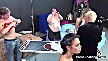 Obese guy scores with three sultry porn vixens