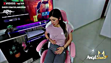 Gamer girl gets squirting orgasm, touches wet pussy