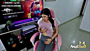 Gamer girl gets squirting orgasm, touches wet pussy