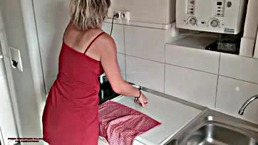 Mature milf seduces stepson in kitchen, no holds barred