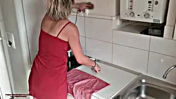 Mature milf seduces stepson in kitchen, no holds barred