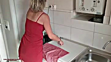 Mature milf seduces stepson in kitchen, no holds barred