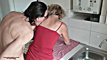 Mature milf seduces stepson in kitchen, no holds barred