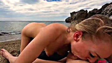 Deepthroat cum swallow on beach, explicit oral sex