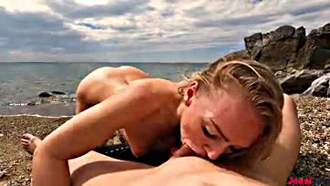 Deepthroat cum swallow on beach, explicit oral sex