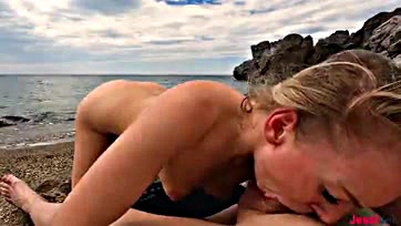 Deepthroat cum swallow on beach, explicit oral sex