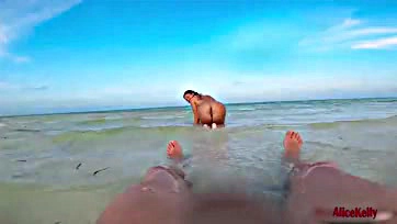 Woman gives blowjob, swallows cum on beach