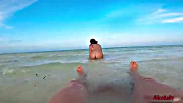 Woman gives blowjob, swallows cum on beach