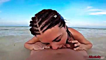 Woman gives blowjob, swallows cum on beach