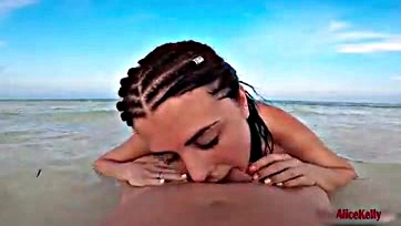 Woman gives blowjob, swallows cum on beach