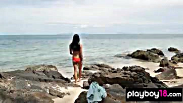 Asian woman flaunts large breasts, pubic hair on beach